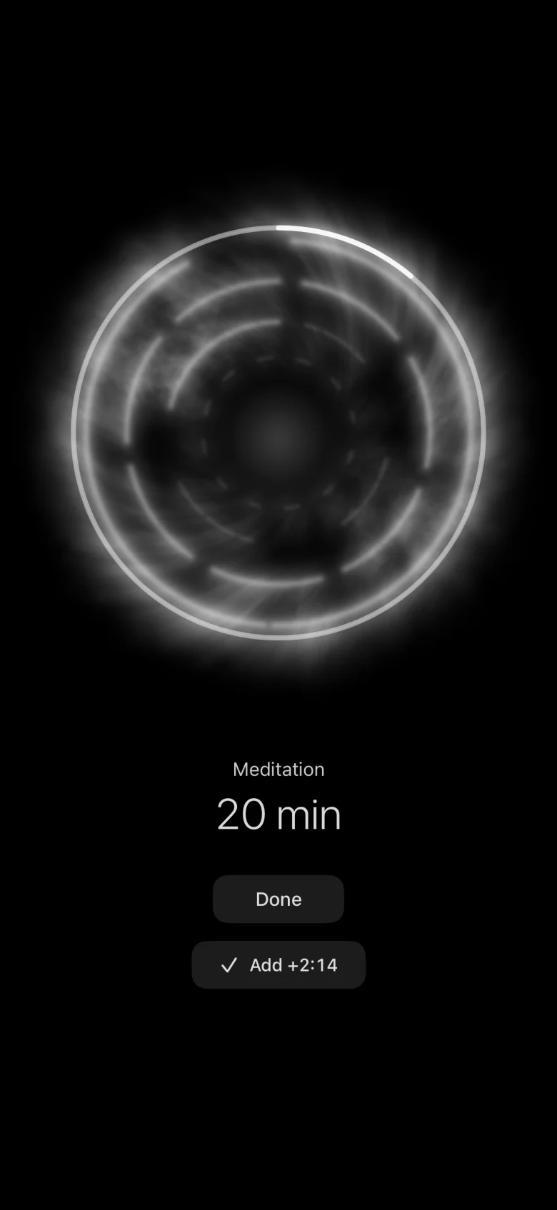A finished meditation of 20 minutes, with Done and Add +2:14 for the minutes after the bell.