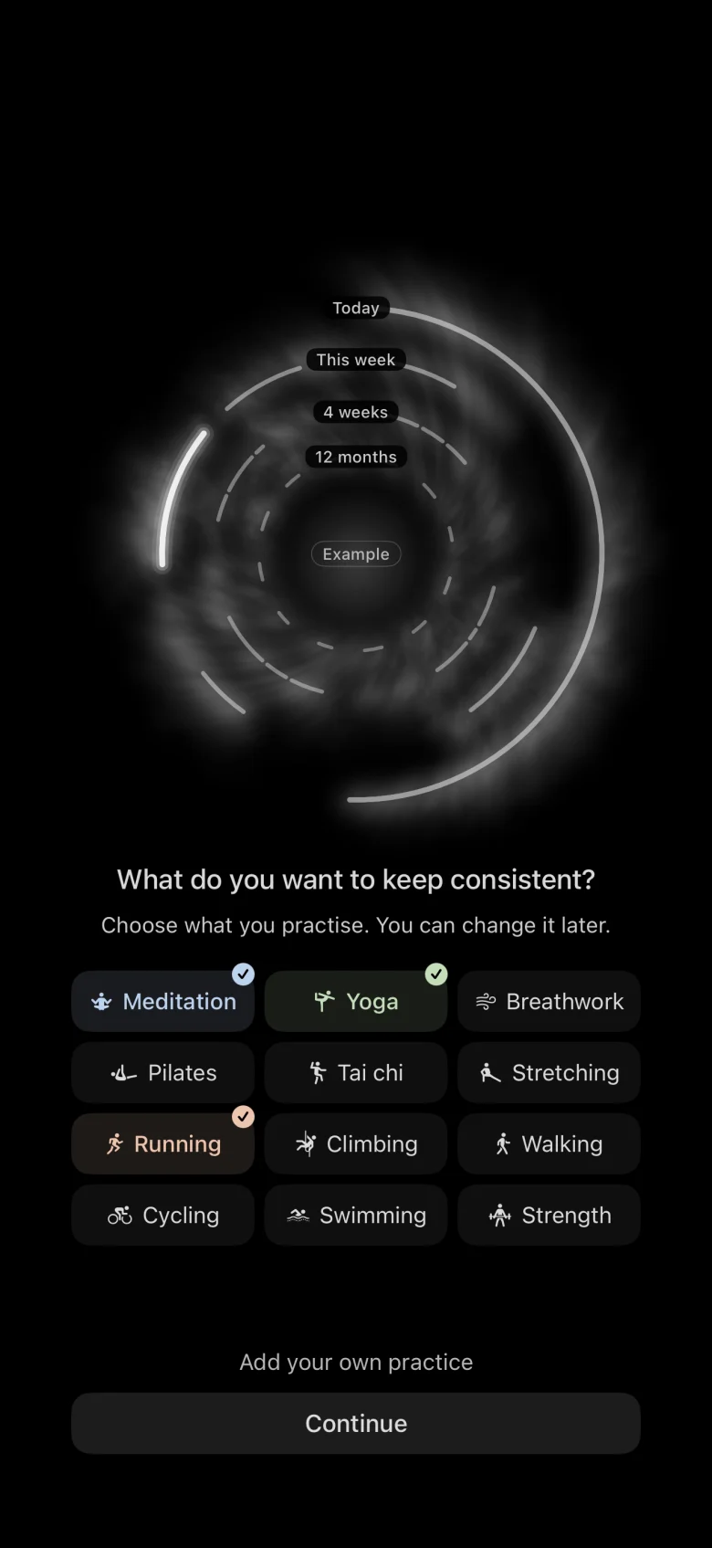 The rings with their key — Today, This week, 4 weeks, 12 months — above a choice of practices: meditation, yoga, breathwork, Pilates, tai chi, running and more.