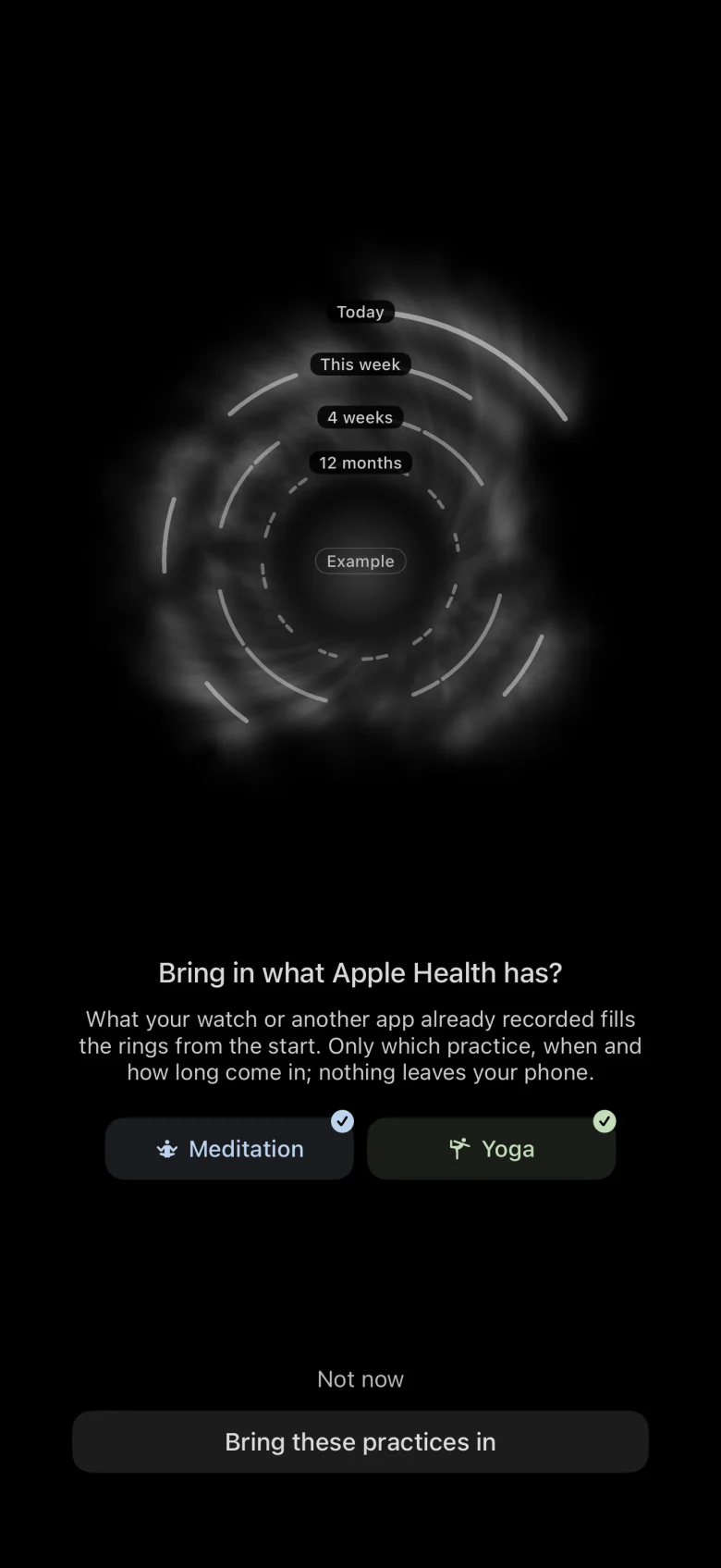 Orboria asking which practices to bring in from Apple Health: Meditation and Yoga chosen.